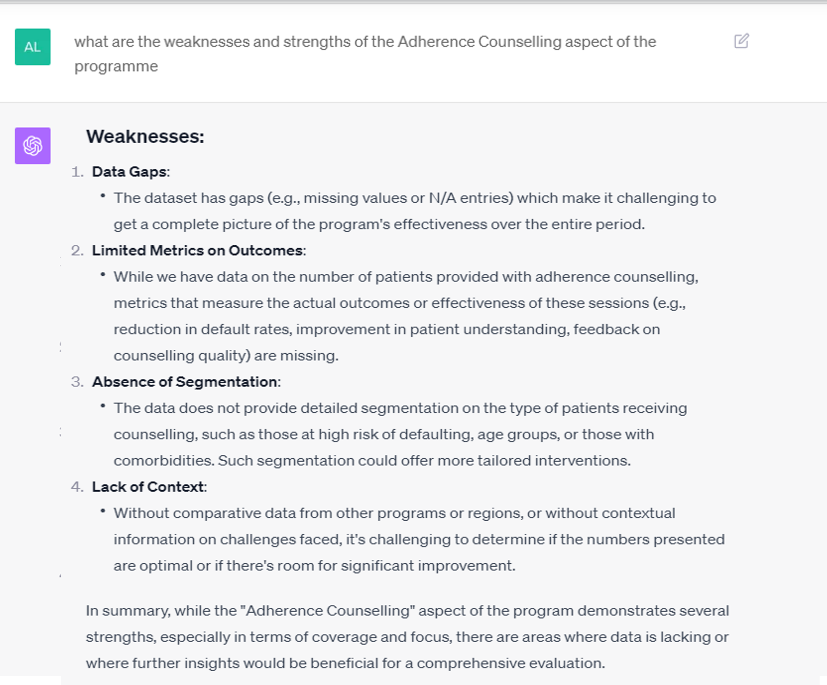 Adherence counselling programme weaknesses